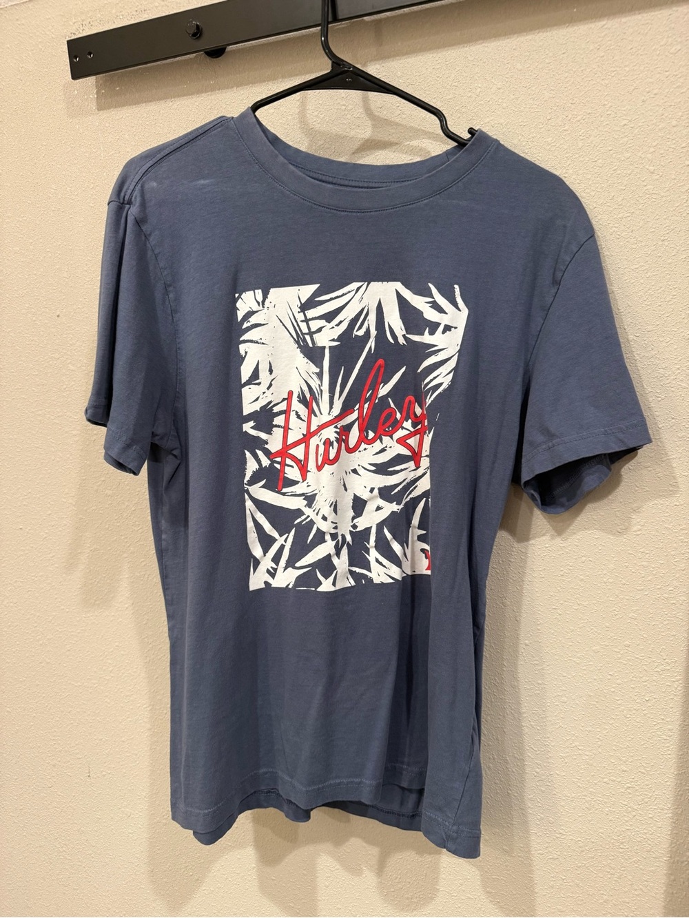 Hurley Navy Blue Short Sleeve Tee with White Palm Graphic and Red Script